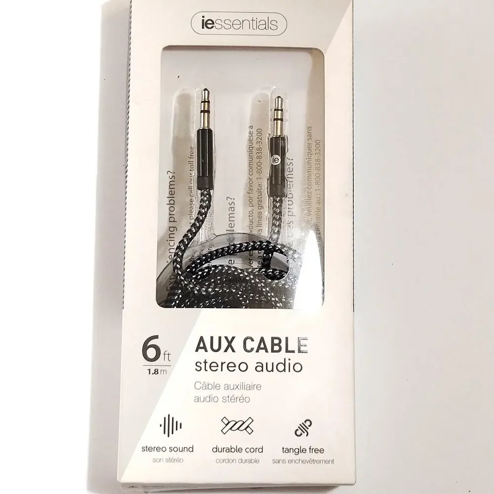 I Essential 6‑Foot Silver‑Black Braided AUX Audio Cable For 3.5mm Audio Devices
